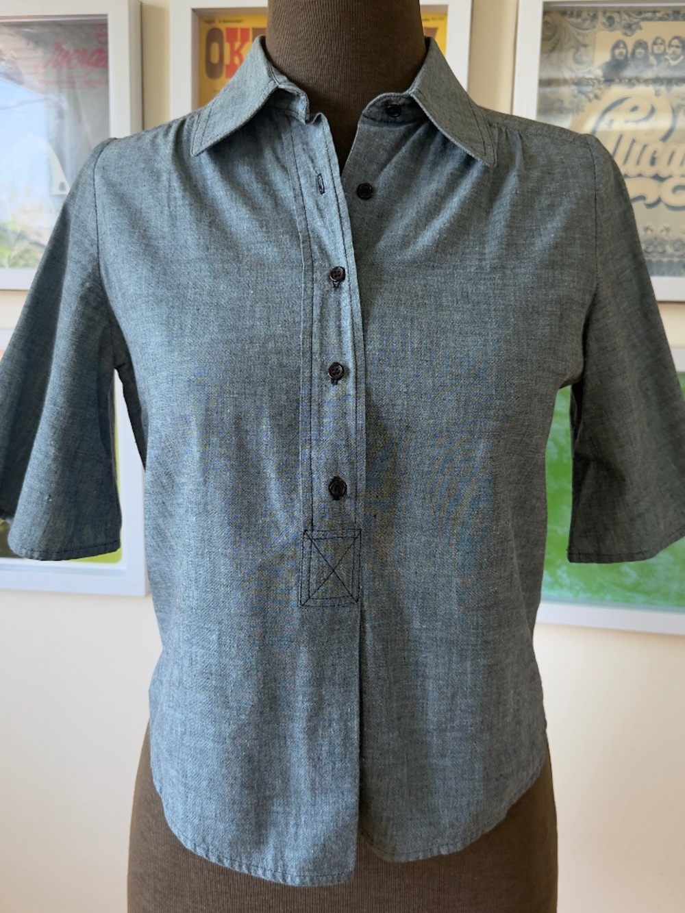 Vintage 70s Classic Blue Chambray Button-Up Blouse | Minimalist Cottagecore